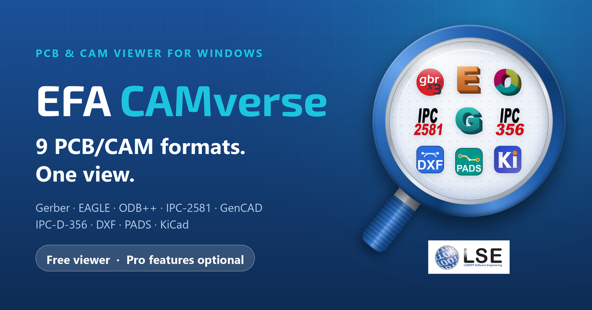 EFA CAMverse – 9 PCB/CAM formats in one view: Gerber, EAGLE, ODB++, IPC-2581, GenCAD, IPC-D-356, DXF, PADS and KiCad