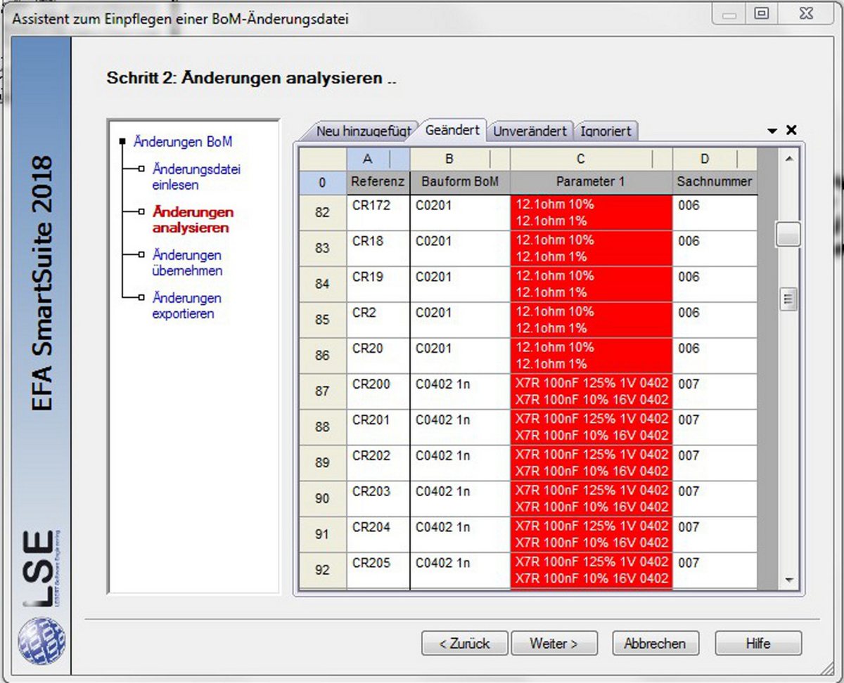 EFA SmartSuite: Änderungen einer Stückliste analysieren