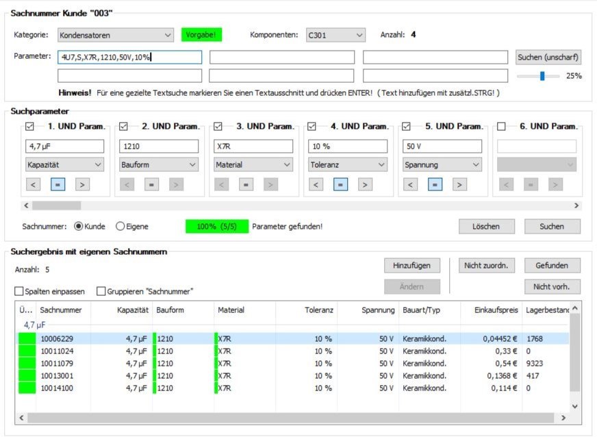EFA SmartSuite 2020 search form: numerical search by capacitance, package, material, tolerance and voltage