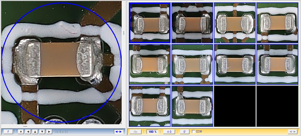EFA Inspection: LCR measurement in the part number view – all capacitors of a part number side by side, the measured component on the left